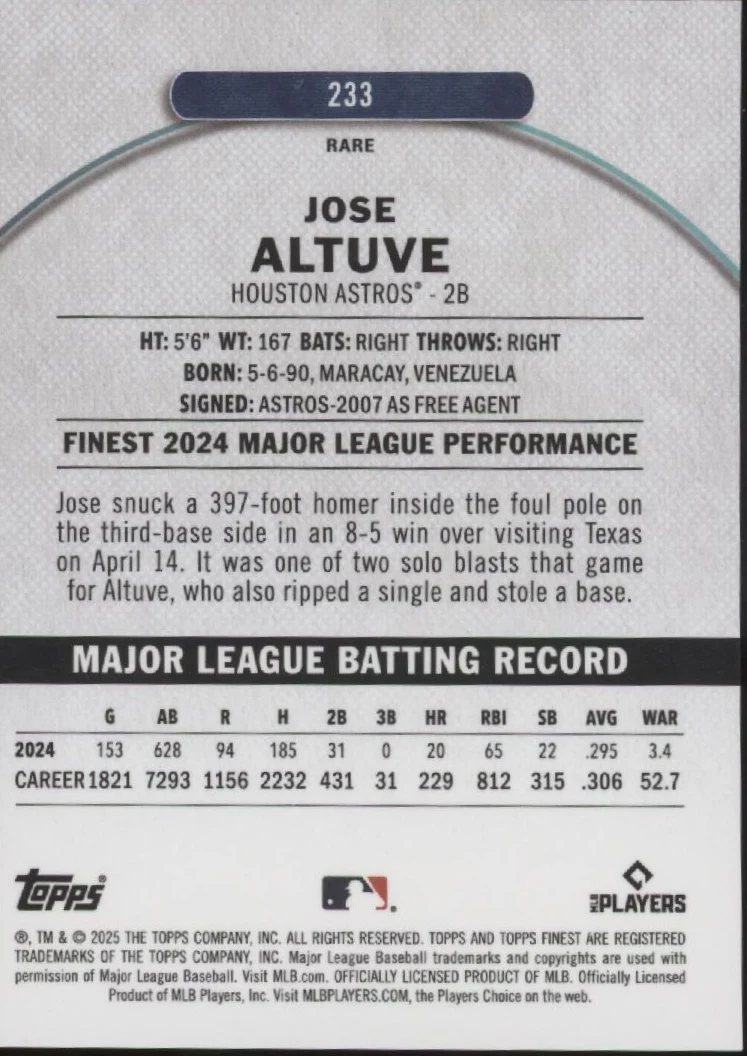 Jose Altuve 2025 Topps Finest Green Refractor 19/25 #233 - Image 2