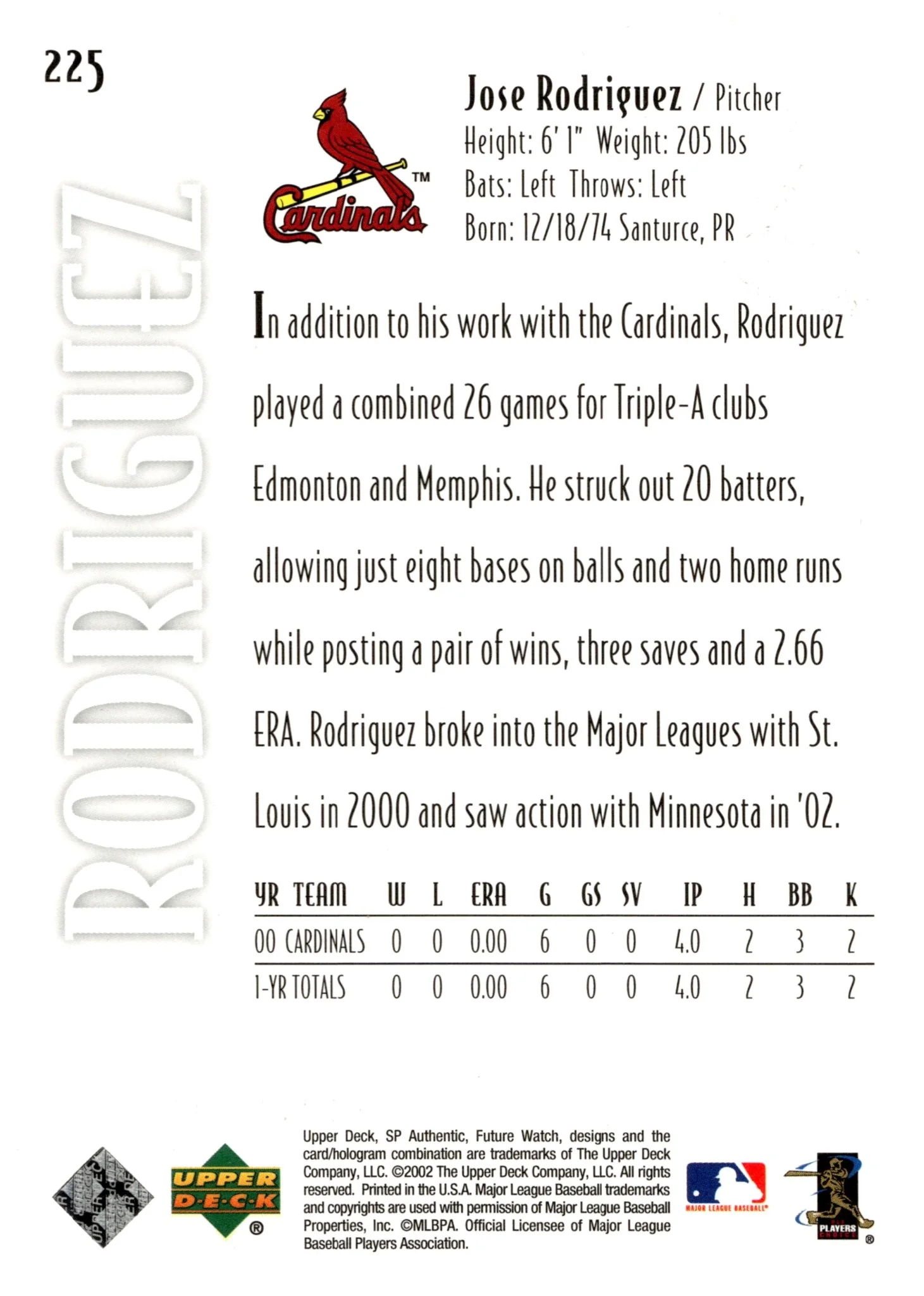 Jose Rodriguez 2002 Upper Deck SP Authentic Future Watch 0390/1999 #225 - Image 2