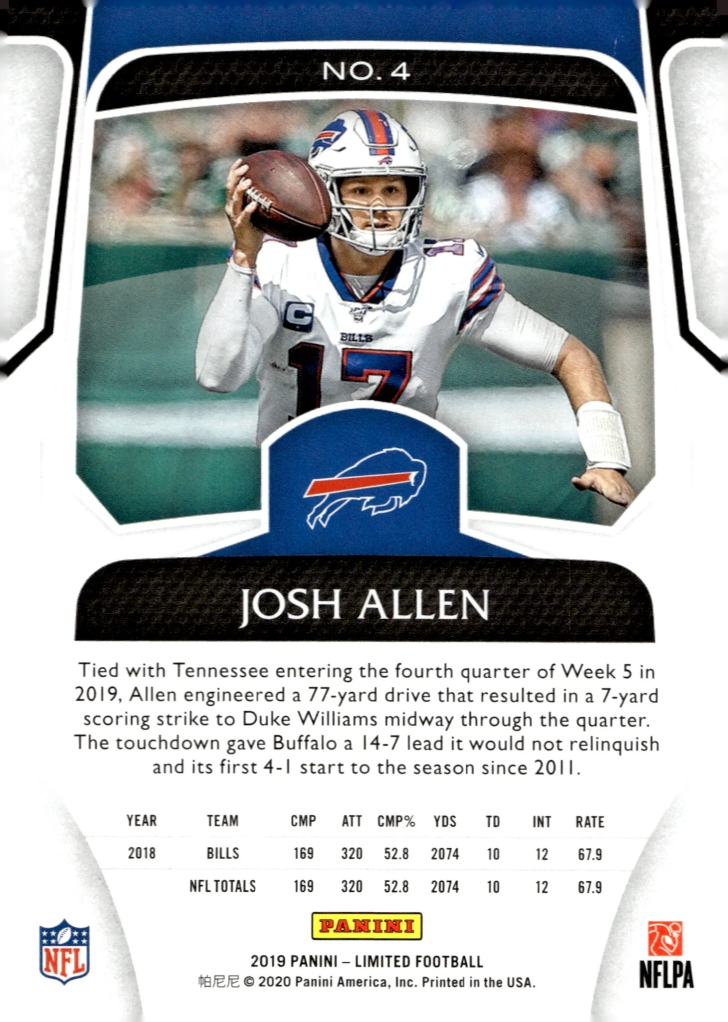 Josh Allen 2019 Panini Limited #4 - Image 2