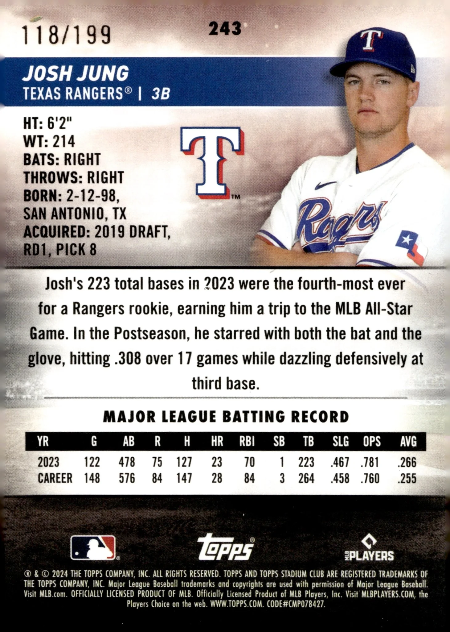 Josh Jung 2024 Topps Stadium Club Green 118/199 #243 - Image 2