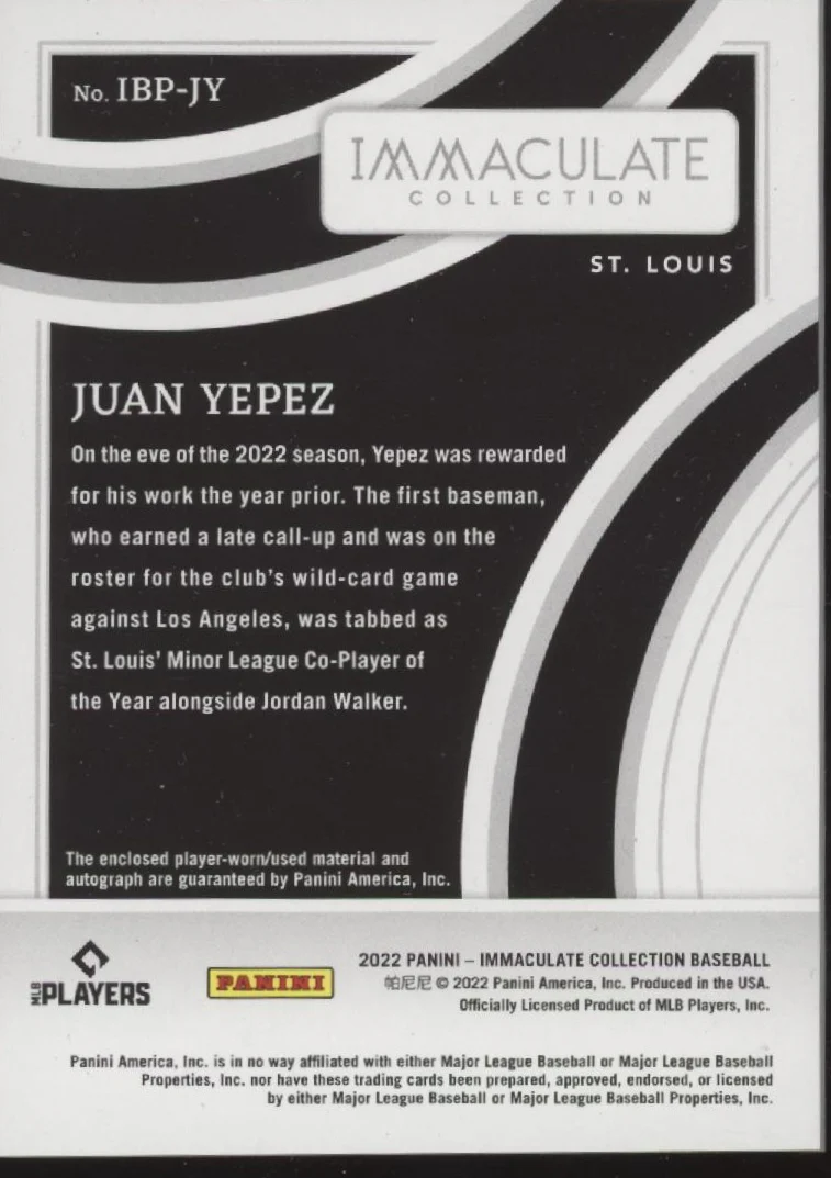 Juan Yepez 2022 Panini Immaculate Collection Swatch RC Auto 02/26 #IBP-JY - Image 2