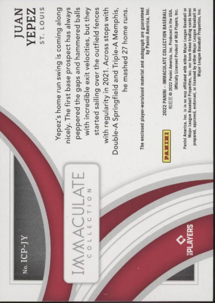 Juan Yepez 2022 Panini Immaculate Collection Swatch RC Auto 21/26 #ICP-JY - Image 2