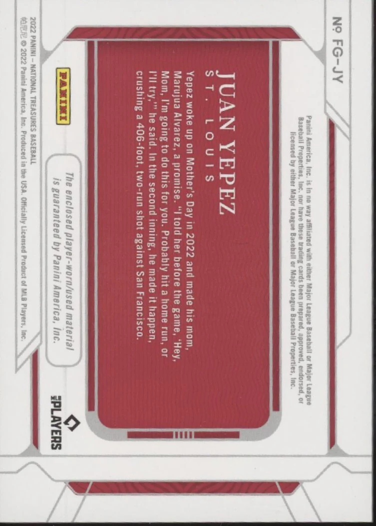 Juan Yepez 2022 Panini National Treasures Field Gear Swatch RC 10/10 #JY - Image 2