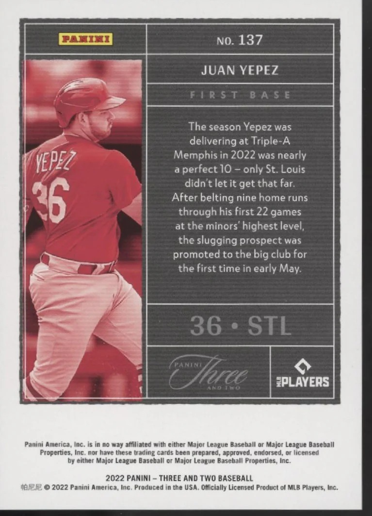 Juan Yepez 2022 Panini Three & Two Blue RC One of One #137 - Image 2