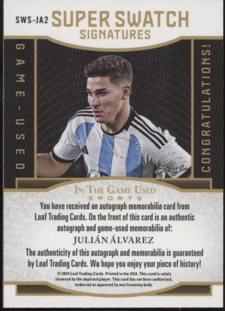 Julian Alvarez 2024 Leaf In the Game Used Super Swatch Signatures 04/30 #SWS-JA2 - Image 2