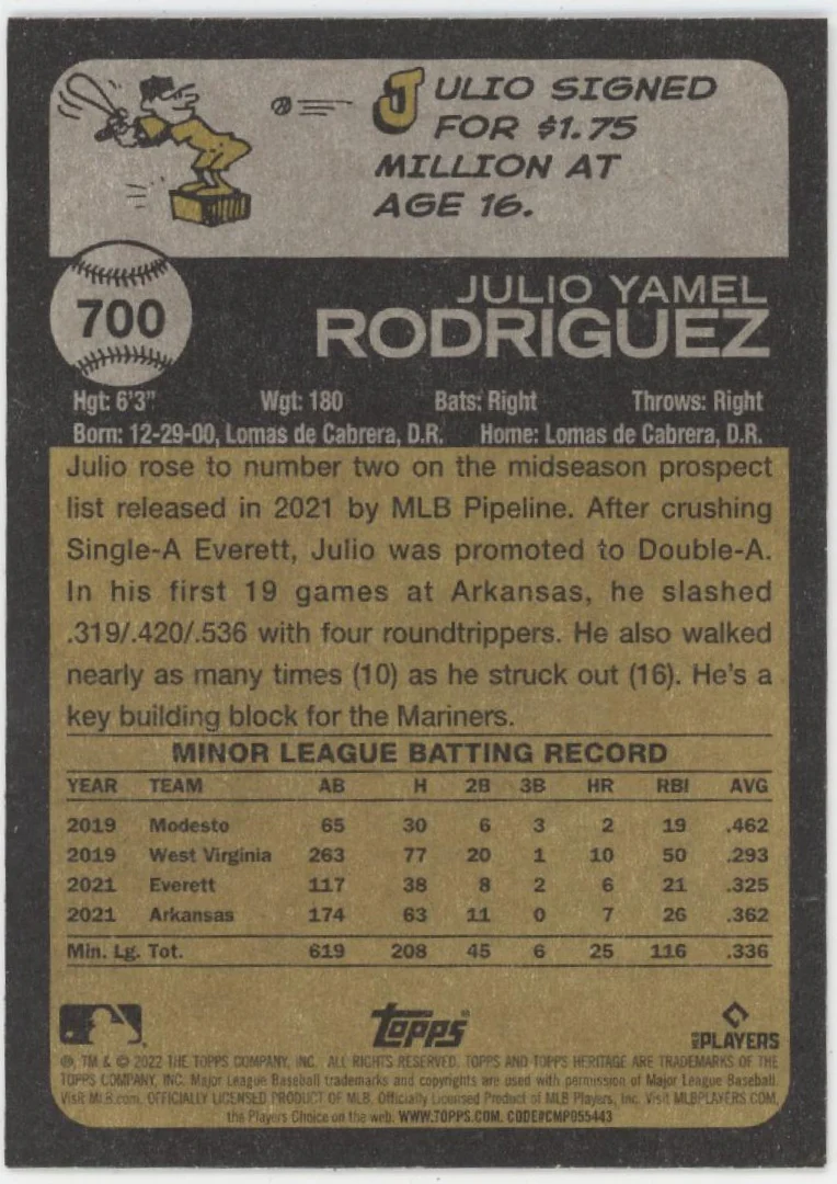 Julio Rodriguez 2022 Topps Heritage RC #700 #1 - Image 2