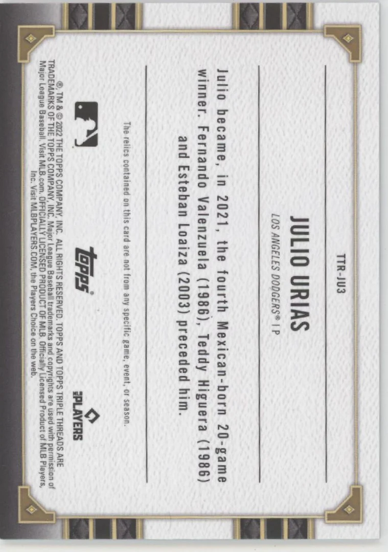 Julio Urias 2022 Topps Triple Threads Purple Swatch 16/27 #TTR-JU3 - Image 2