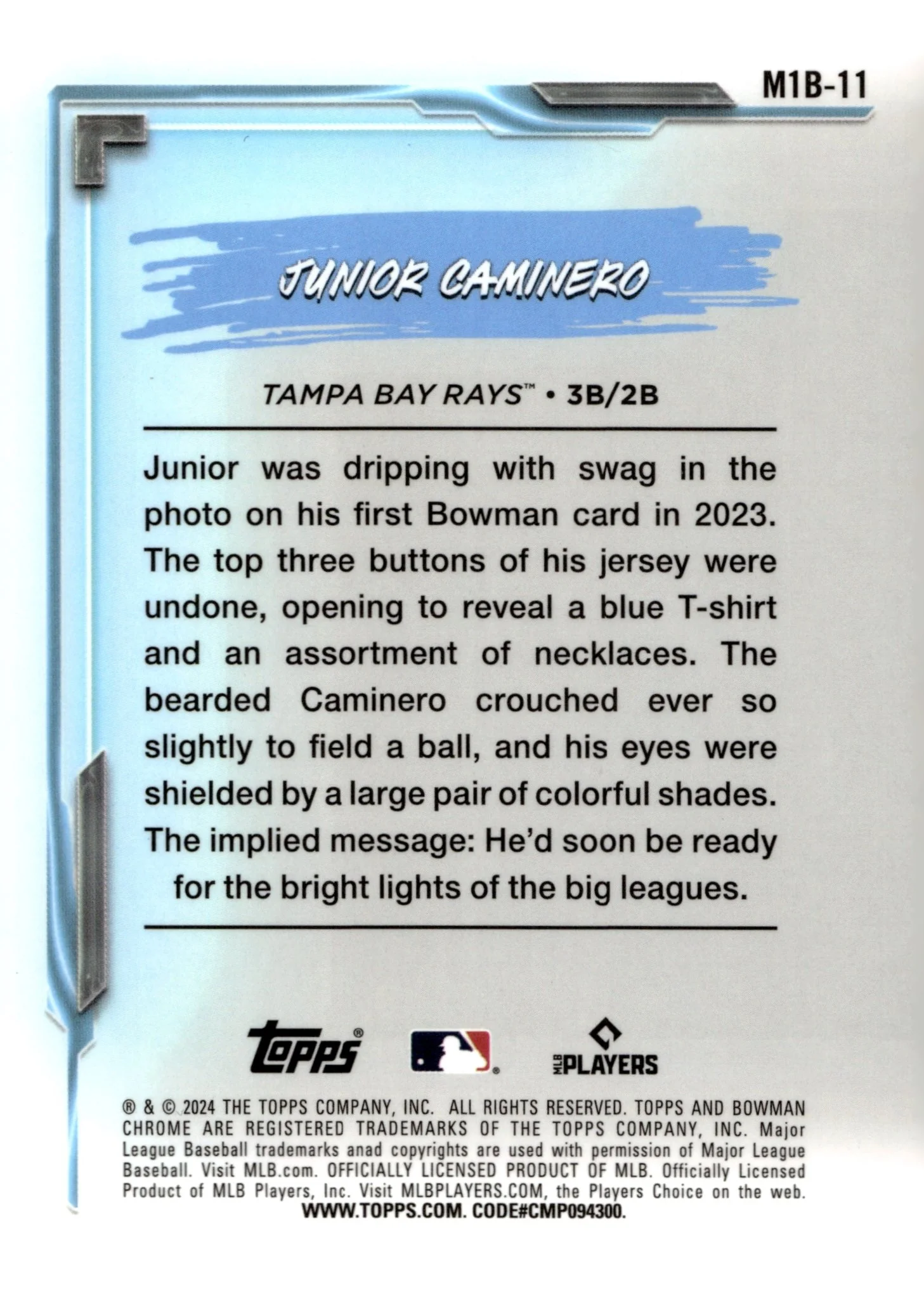 Junior Caminero 2024 Bowman Chrome My 1st Bowman Mojo Refractor RC #M1B-11 - Image 2