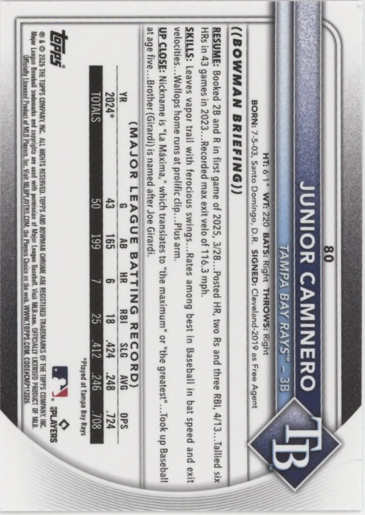 Junior Caminero 2025 Bowman Chrome Purple Refractor 151/299 #80 - Image 2