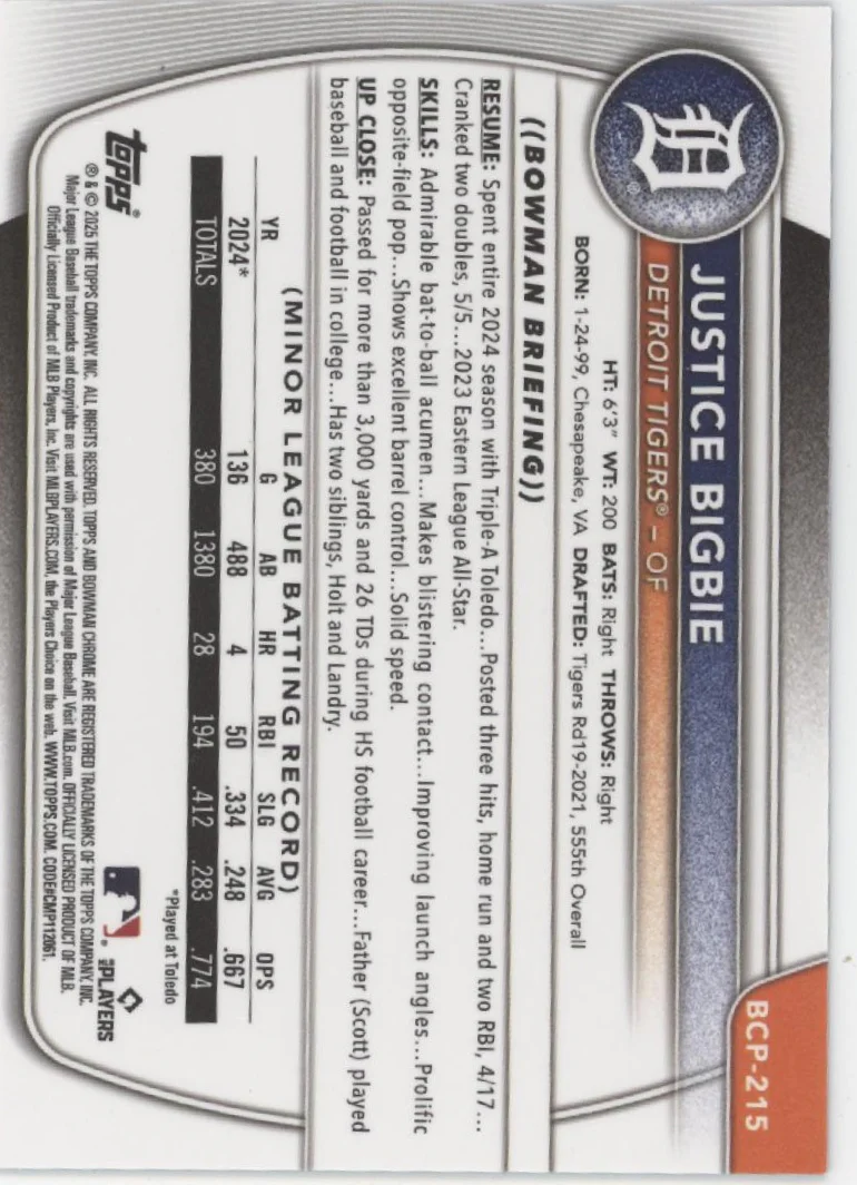 Justice Bigbie 2025 Bowman Chrome Prospects Blue Scale Refractor 117/150 - Image 2