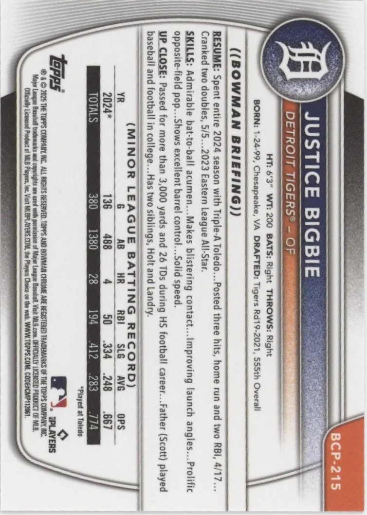 Justice Bigbie 2025 Bowman Chrome Prospects Orange Scale Refractor 24/25 - Image 2