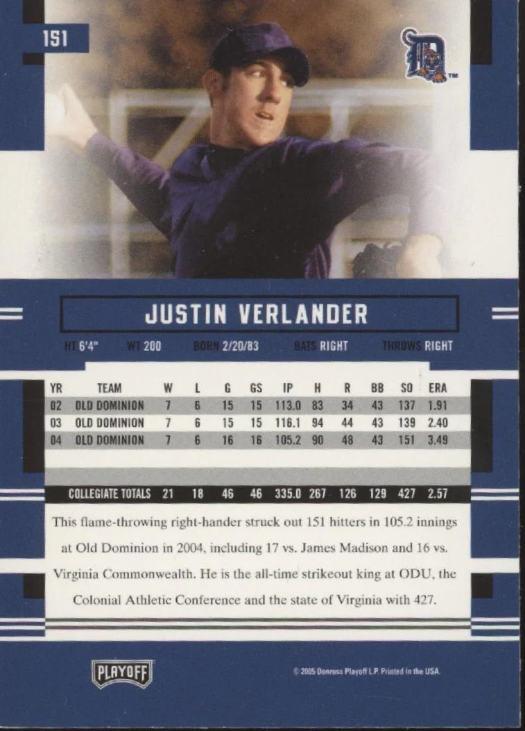 Justin Verlander 2005 Playoff Prestige Prospect #151 - Image 2