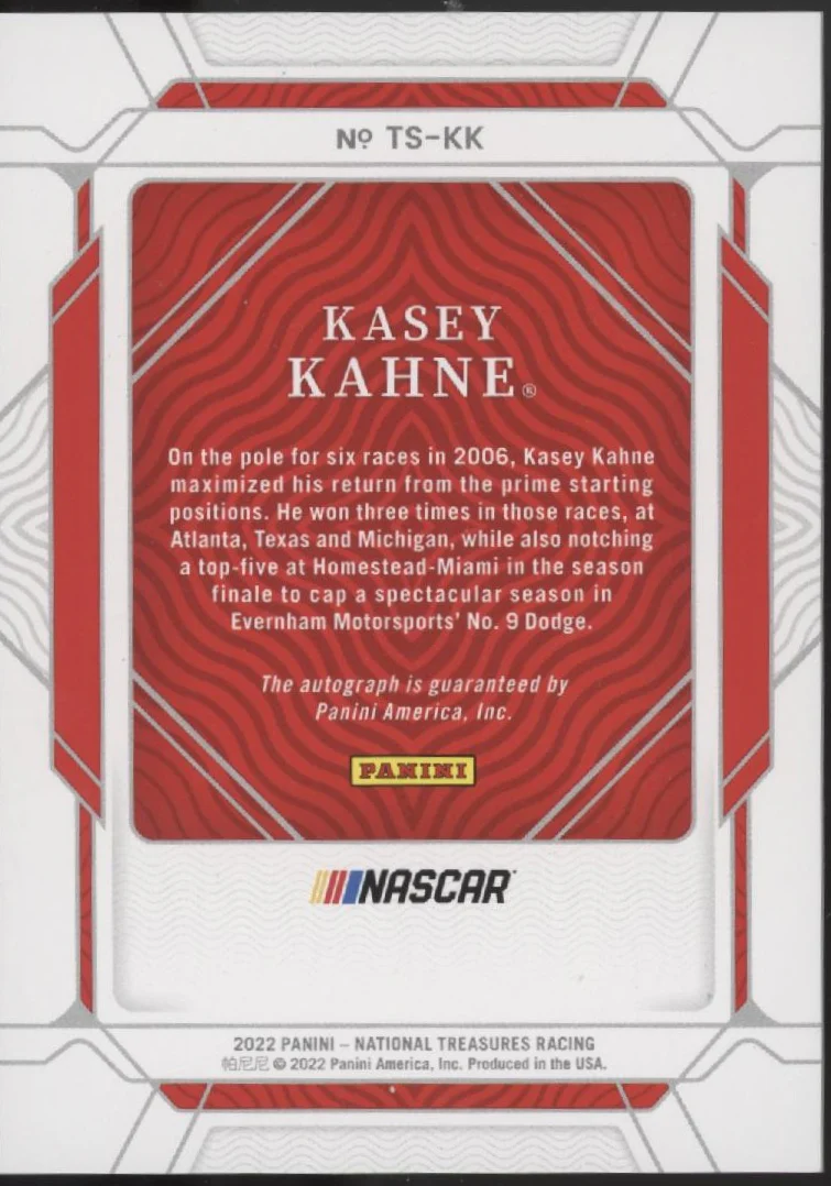 Kasey Kahne 2022 Panini National Treasures Trackside Auto 08/15 #TS-KK - Image 2