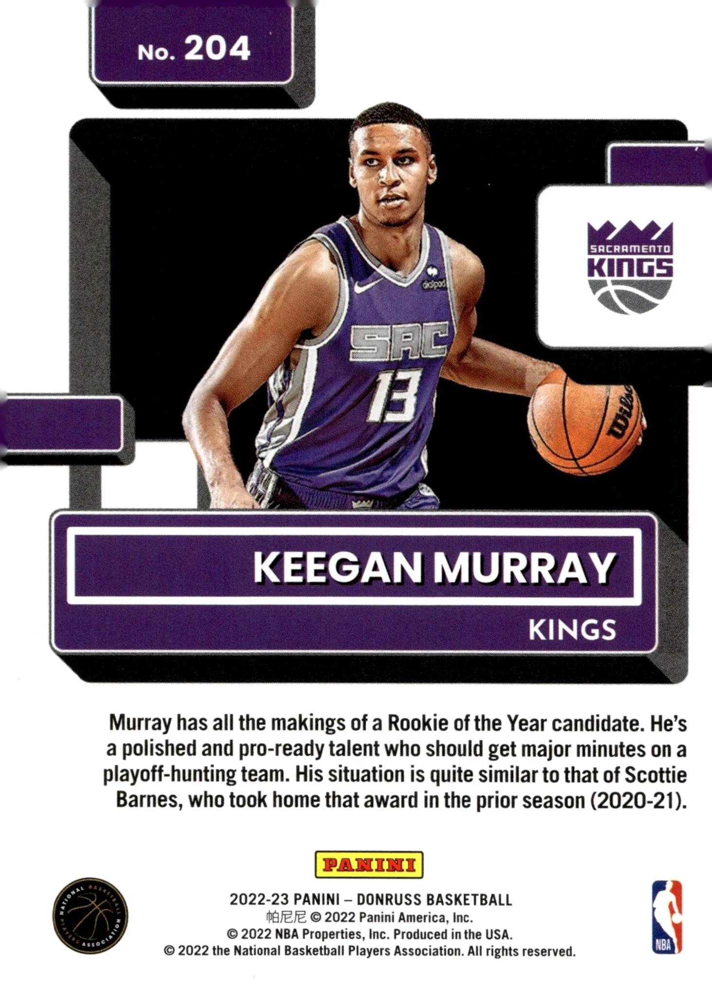 Keegan Murray 2022-23 Panini Donruss Rated Rookie Green Laser RC #204 - Image 2