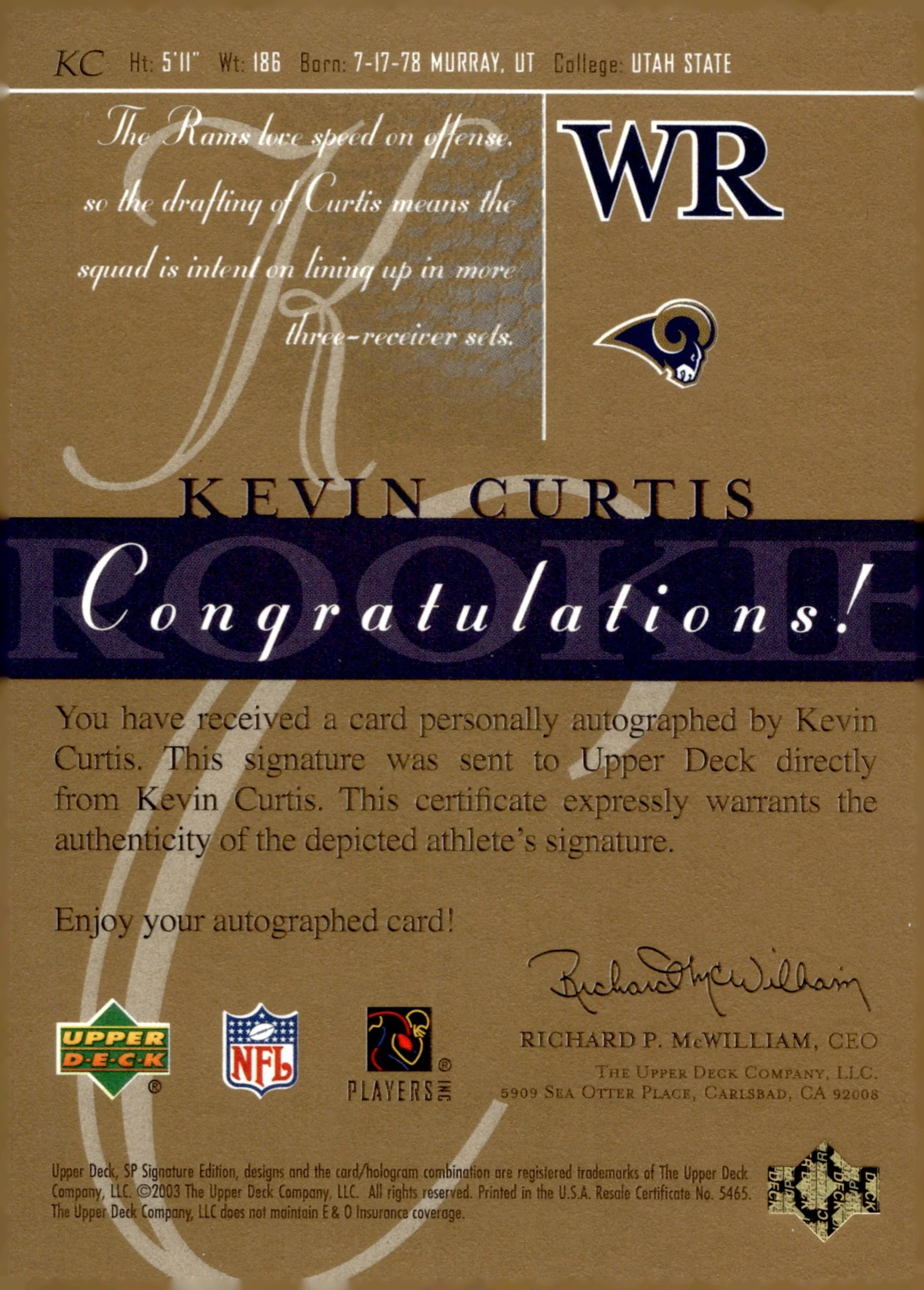 Kevin Curtis 2003 Upper Deck SP Signature Edition Auto - Image 2