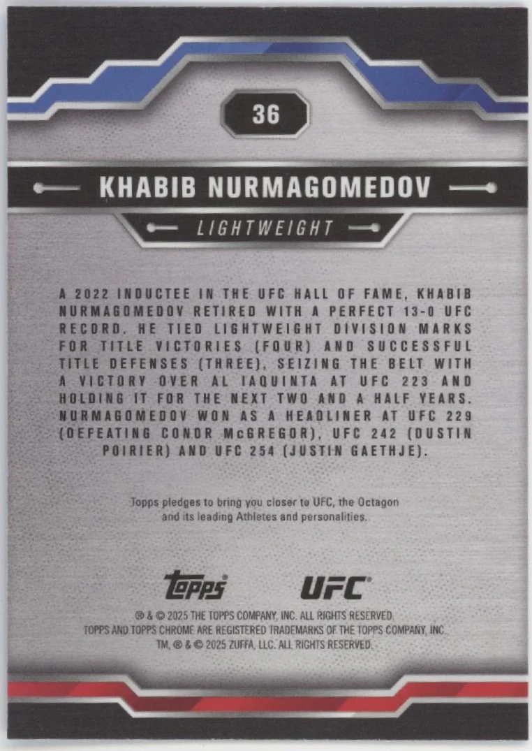 Khabib Nurmagomedov 2025 Topps Chrome Blue Wave Refractor 52/75 #36 - Image 2
