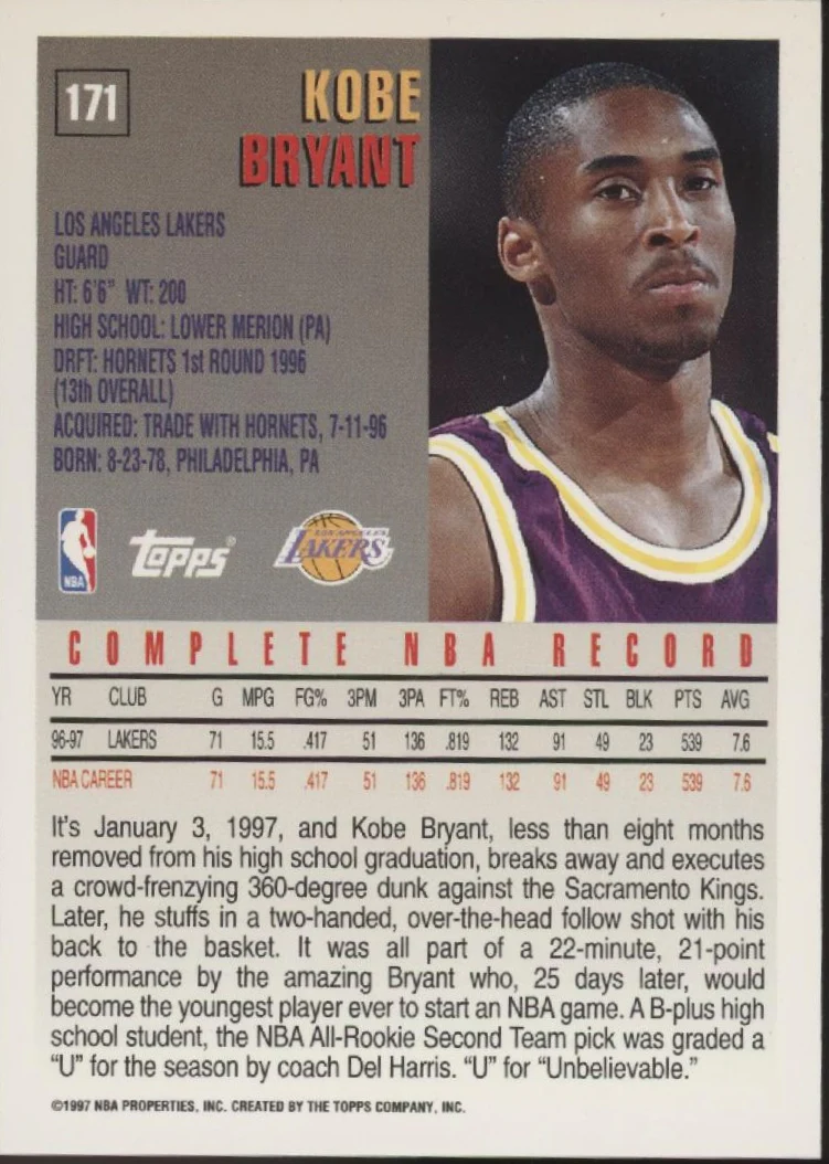 Kobe Bryant 1997-98 Topps #171 - Image 2
