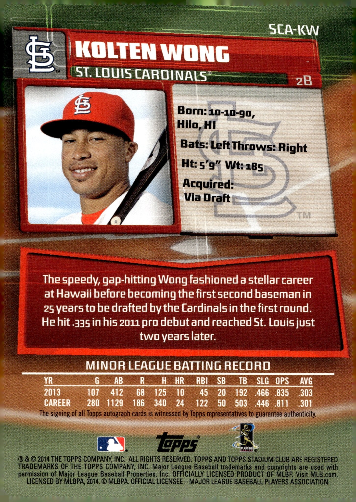 Kolten Wong 2014 Topps Stadium Club RC Auto #SCA-KW - Image 2