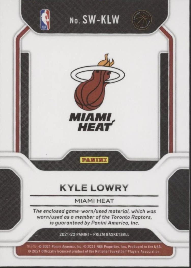 Kyle Lowry 2021-22 Panini Prizm Sensational Swatches #SW-KLW - Image 2