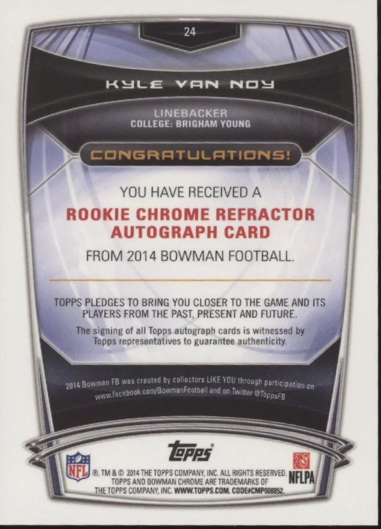 Kyle Van Noy 2014 Bowman Chrome Orange Refractor RC Auto 14/50 #24 - Image 2