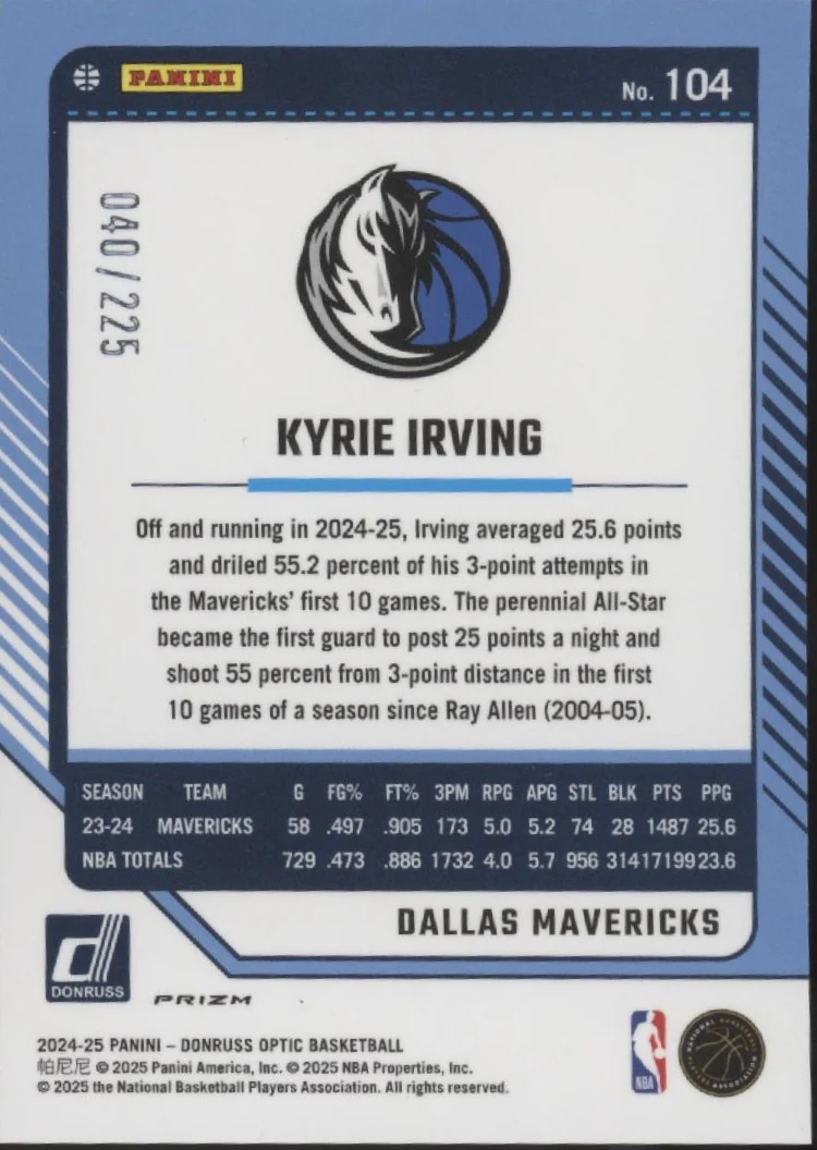 Kyrie Irving 2024-25 Panini Donruss Optic Orange Shock Prizm 040/225 #104 - Image 2