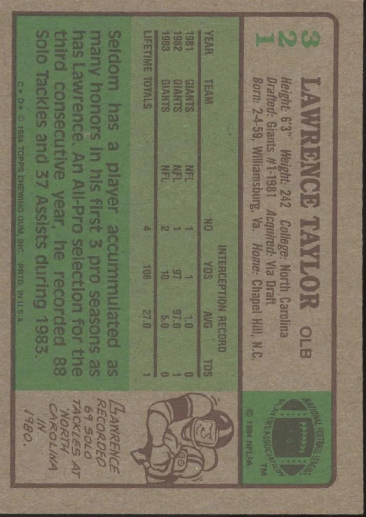 Lawrence Taylor 1984 Topps #321 New York Giants - Image 2