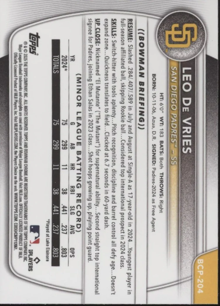Leo De Vries 2025 Bowman Chrome Prospects Blue Refractor 050/150 #BCP-204 - Image 2
