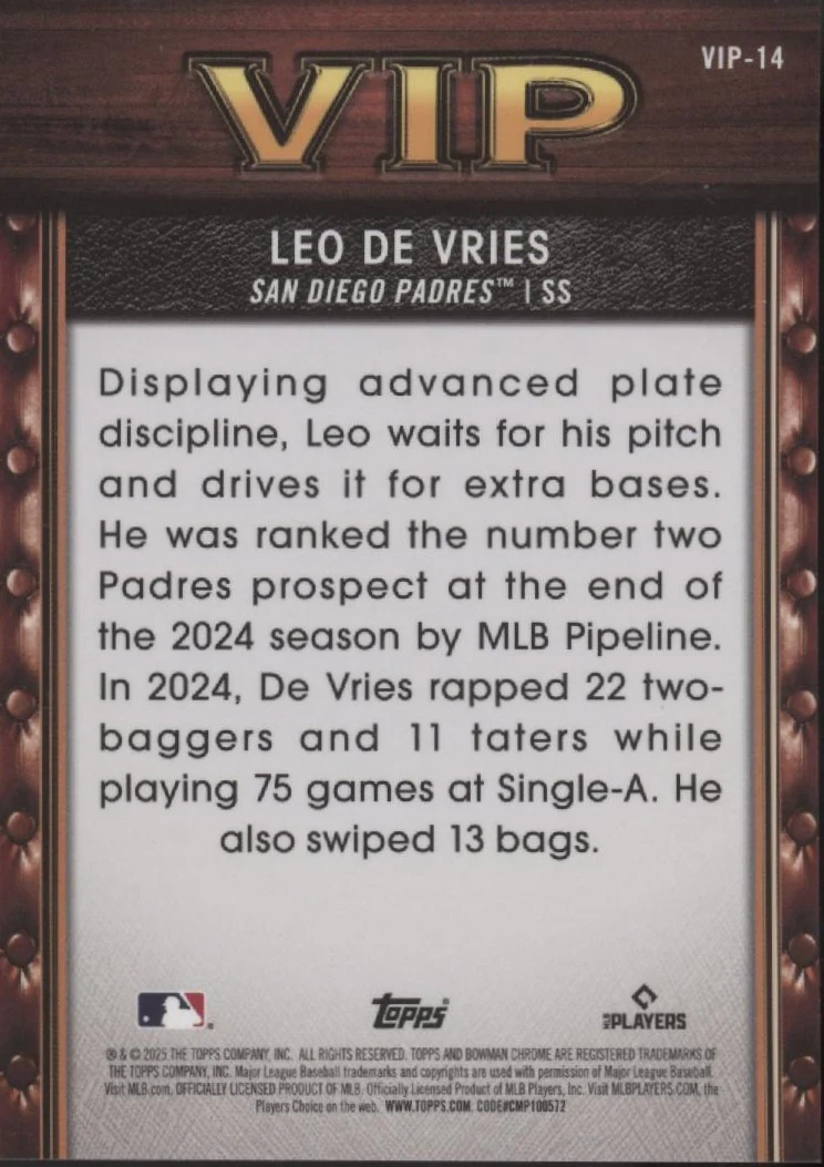 Leo De Vries 2025 Bowman Chrome VIP Mini Diamond Refractor 016/150 #VIP-14 - Image 2