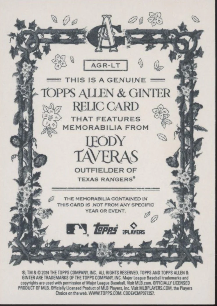 Leody Taveras 2024 Topps Allen & Ginter Bat Relic #AGR-LT - Image 2