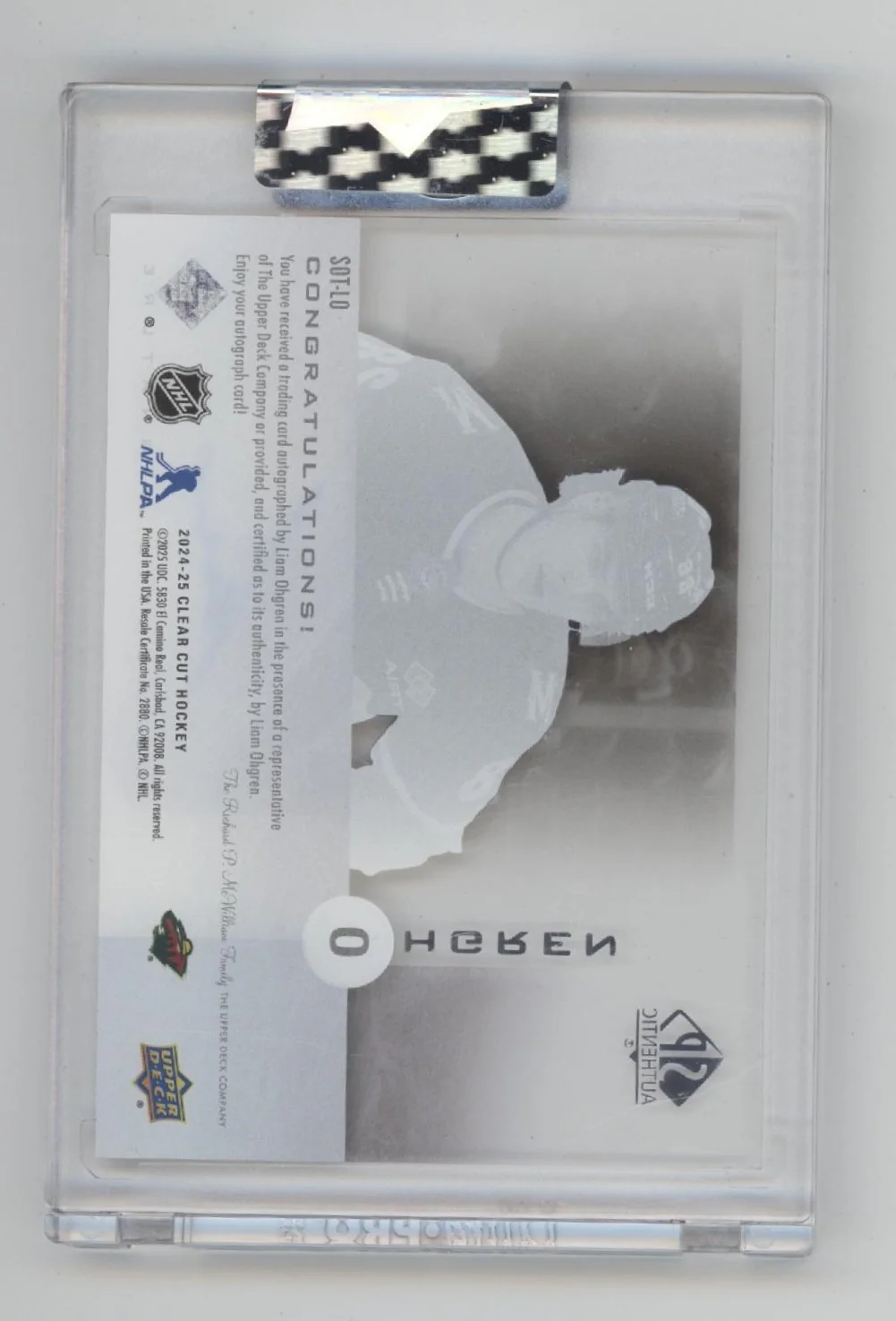 Liam Ohgren 2024-25 Upper Deck Clear Cut SPA Sign of the Times Clear Card Auto - Image 2