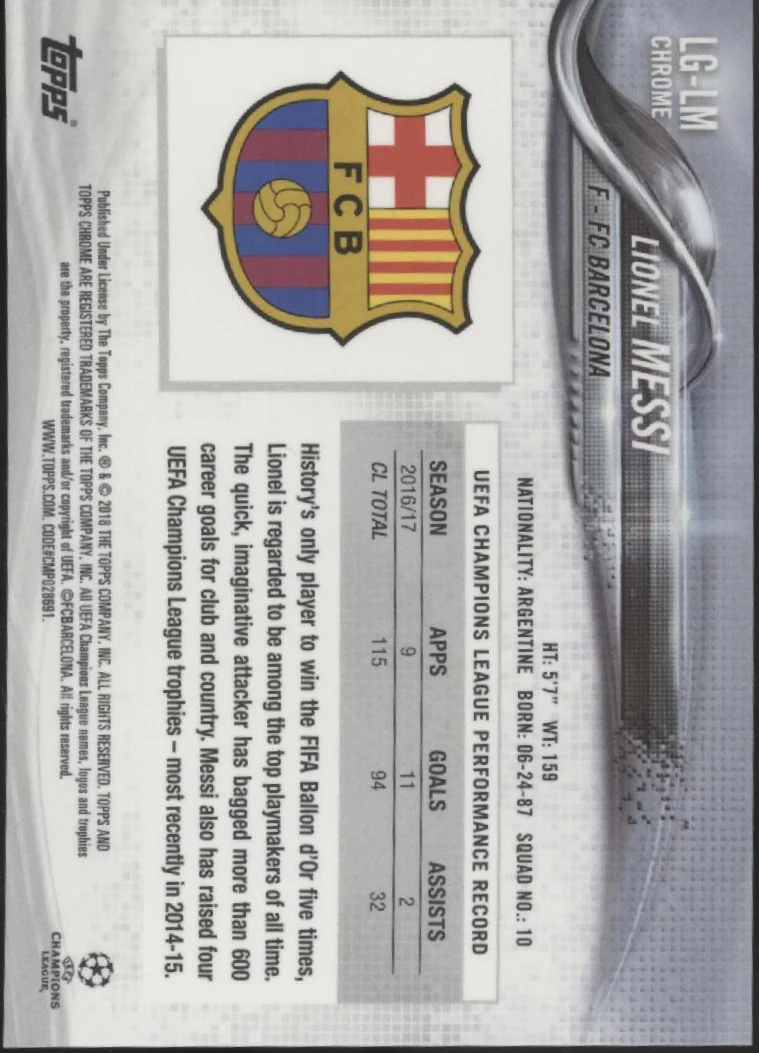 Lionel Messi 2017-18 Topps Chrome UEFA Champions League Promo Sample #LG-LM #1 - Image 2