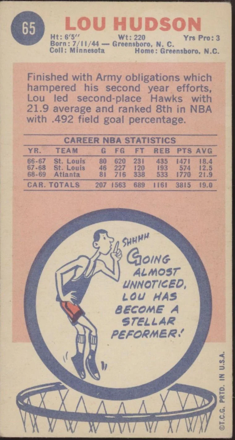 Lou Hudson 1969-70 Topps Oversized RC #65 Atlanta Hawks VG-EX - Image 2