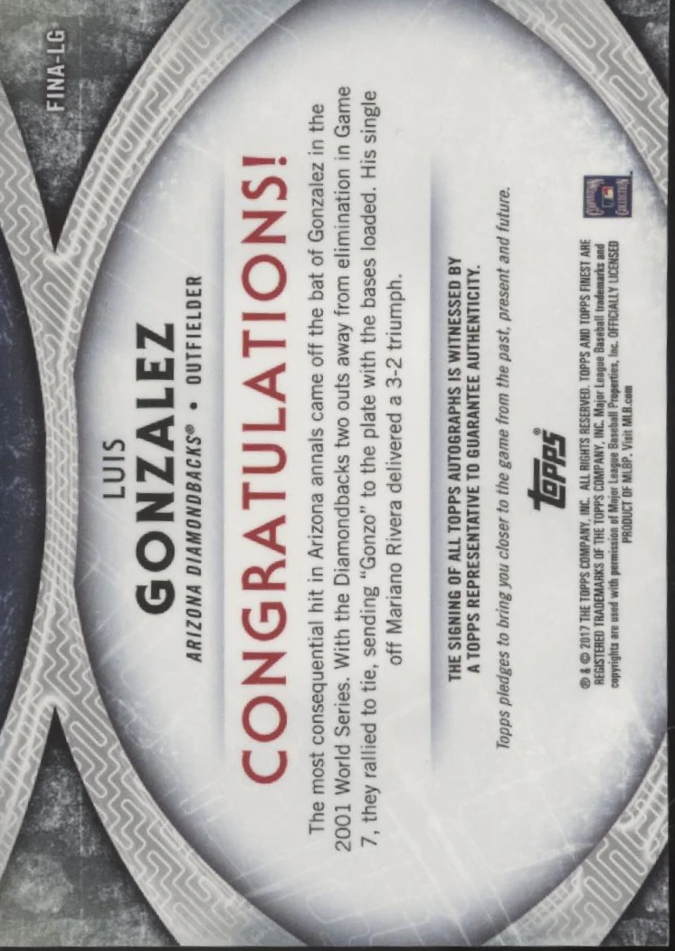 Luis Gonzalez 2017 Topps Finest Finishes Refractor Auto #FINA-LG - Image 2