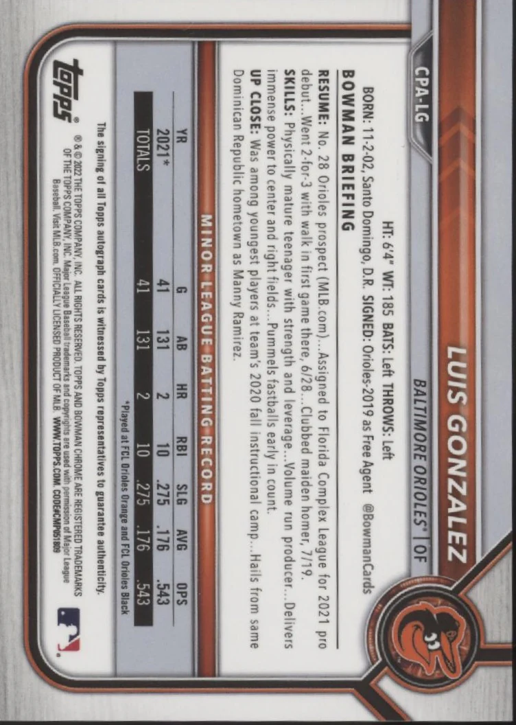Luis Gonzalez 2022 Bowman Chrome Prospects Orange Refractor Auto 09/25 #CPA-LG - Image 2