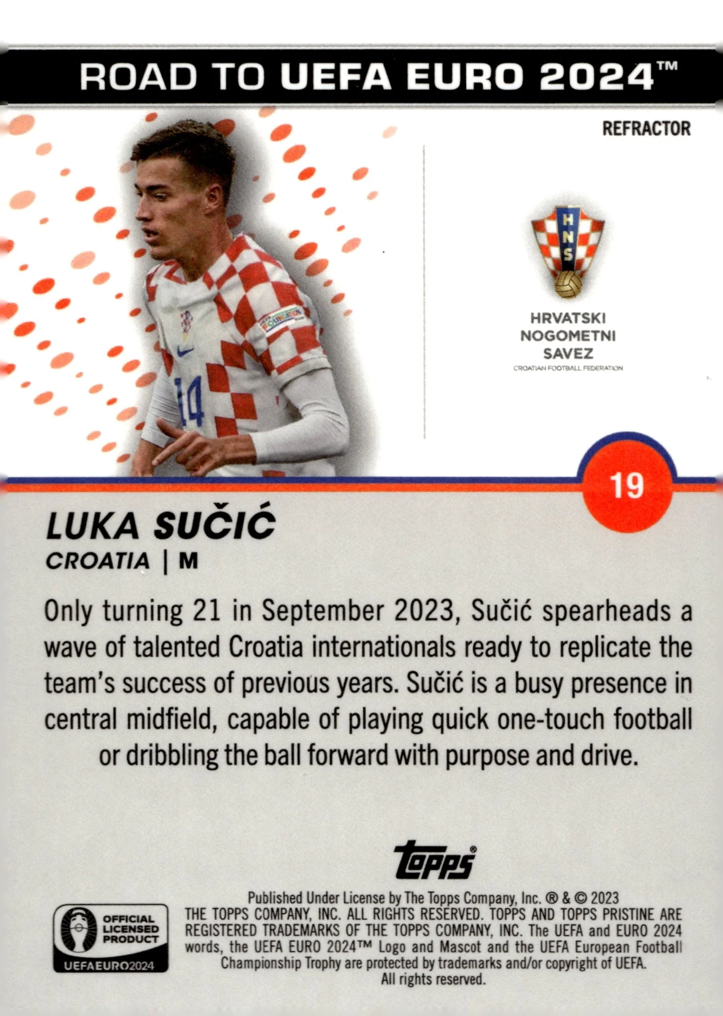 Luka Sucic 2022-23 Topps Pristine Road to UEFA Euro Refractor #19 - Image 2