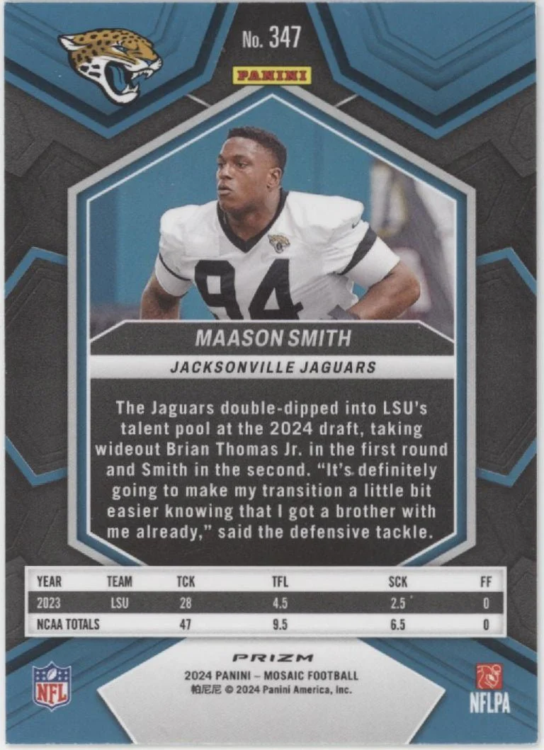 Maason Smith 2024 Panini Mosaic Genesis Prizm RC #347 - Image 2