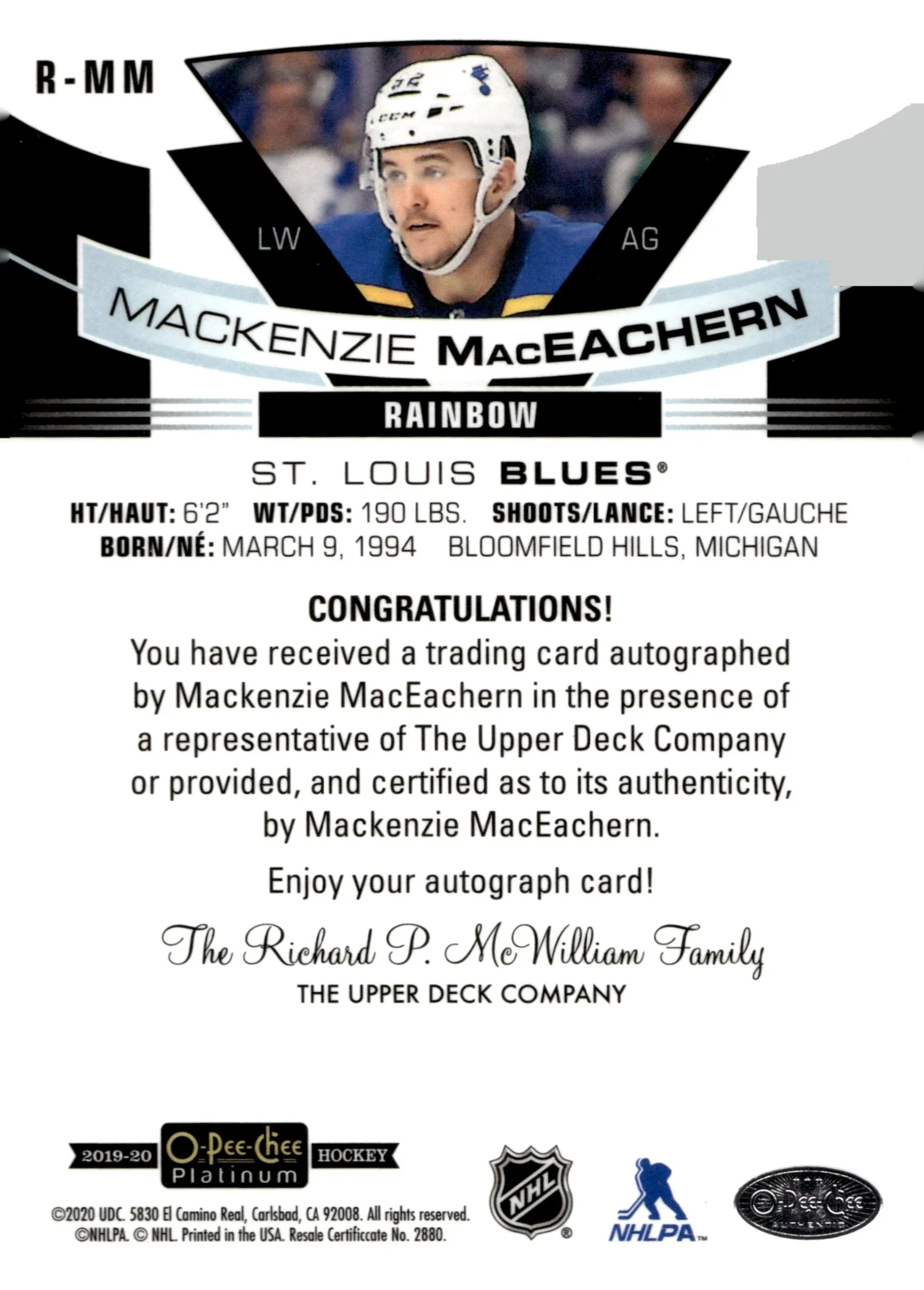 Mackenzie MacEachern 2019-20 O-Pee-Chee Platinum Rainbow RC Auto #R-MM - Image 2