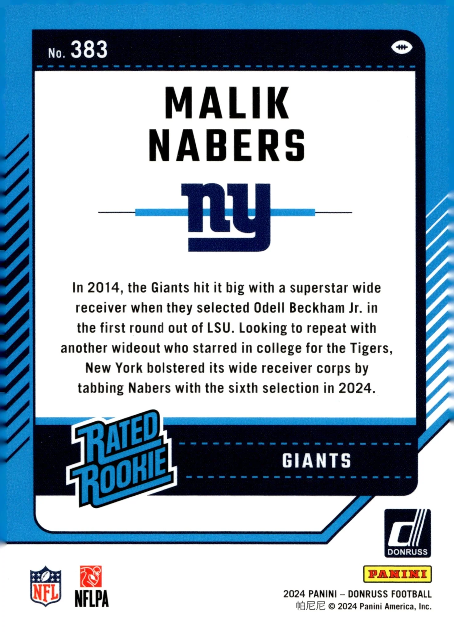 Malik Nabers 2024 Panini Donruss Rated Rookie RC #383 #1 - Image 2