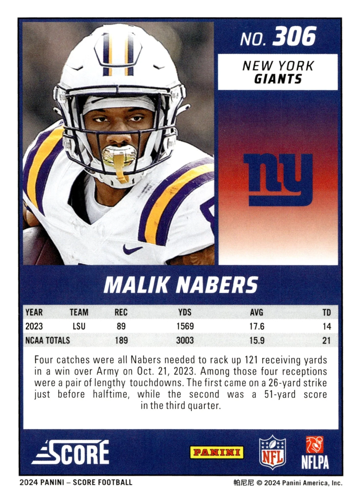 Malik Nabers 2024 Panini Score RC #306 - Image 2