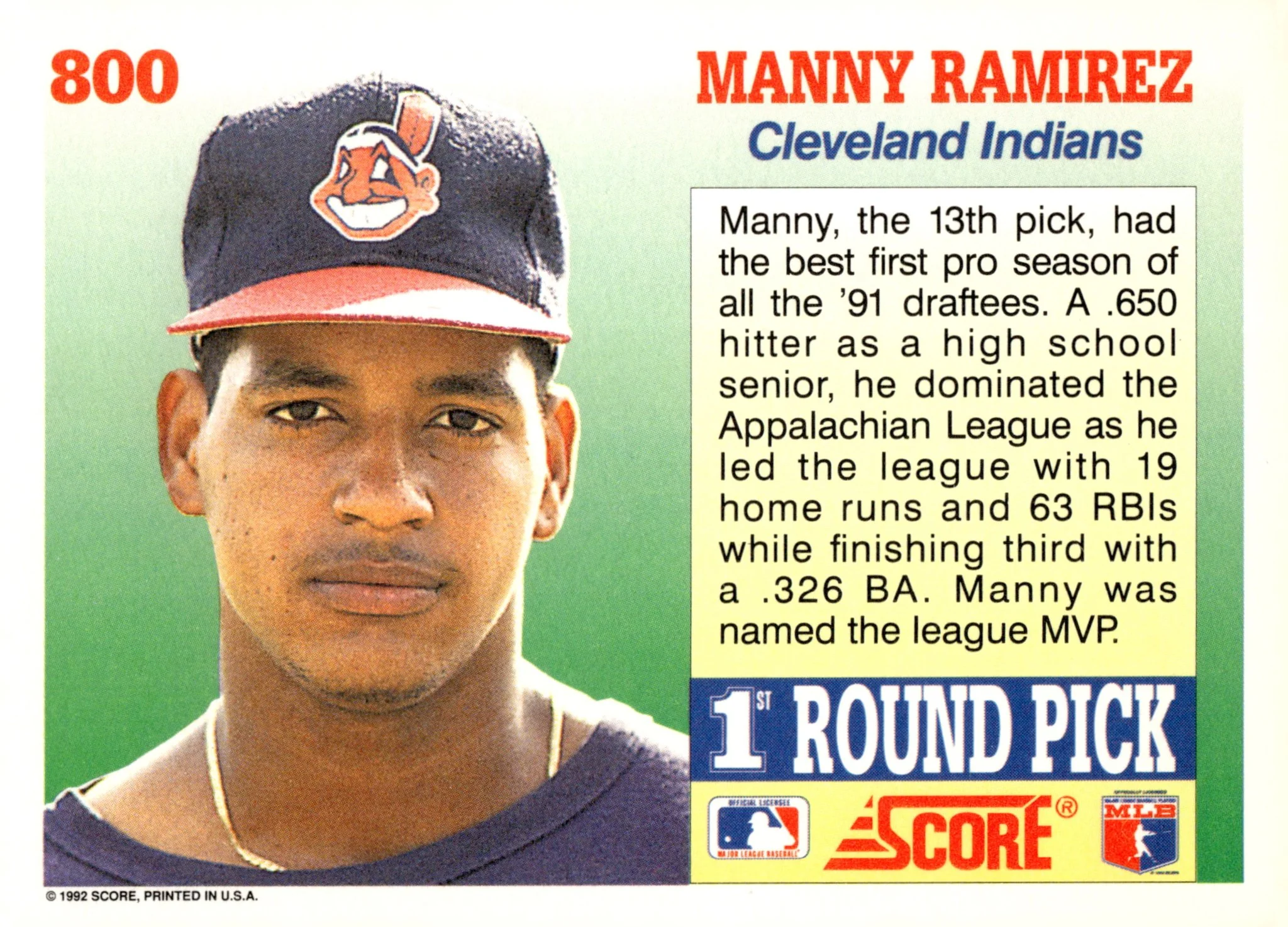 Manny Ramirez 1992 Score 1st Round Pick RC #800 - Image 2