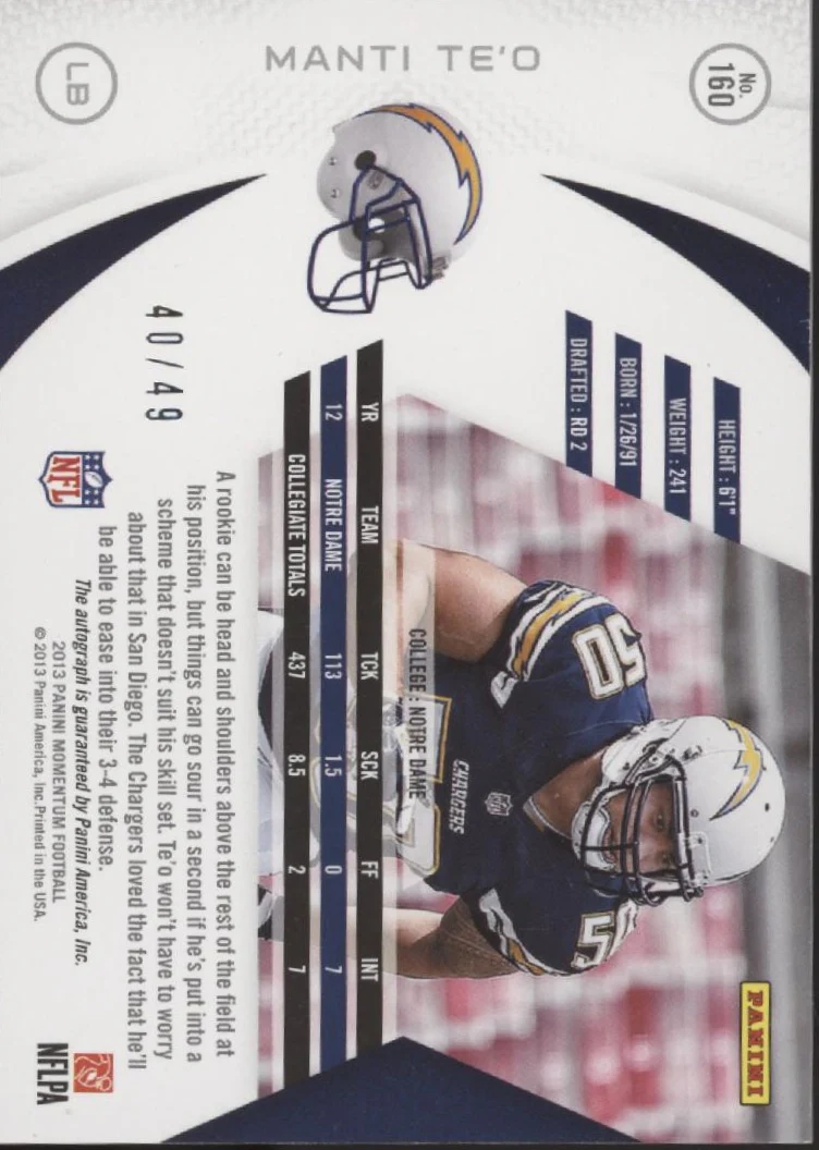 Manti Te'o 2013 Panini Mometum RC Auto 40/49 #160 - Image 2