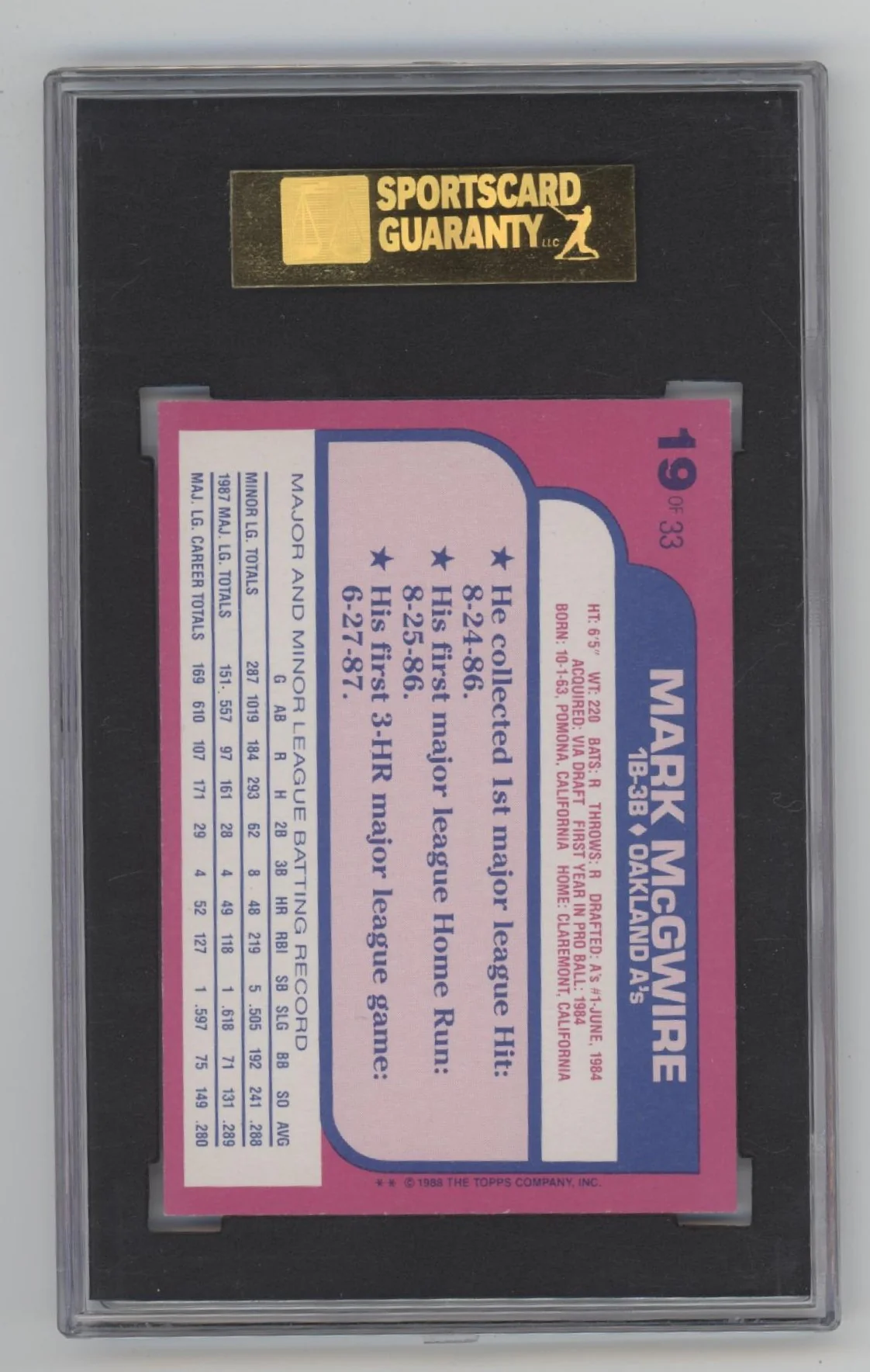 Mark McGwire 1988 Topps Toys R Us RC #19 SGC 9 - Image 2