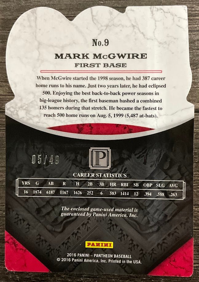 Mark McGwire 2016 Panini Pantheon 500 Home Run Club Swatch 05/49 #9 - Image 2