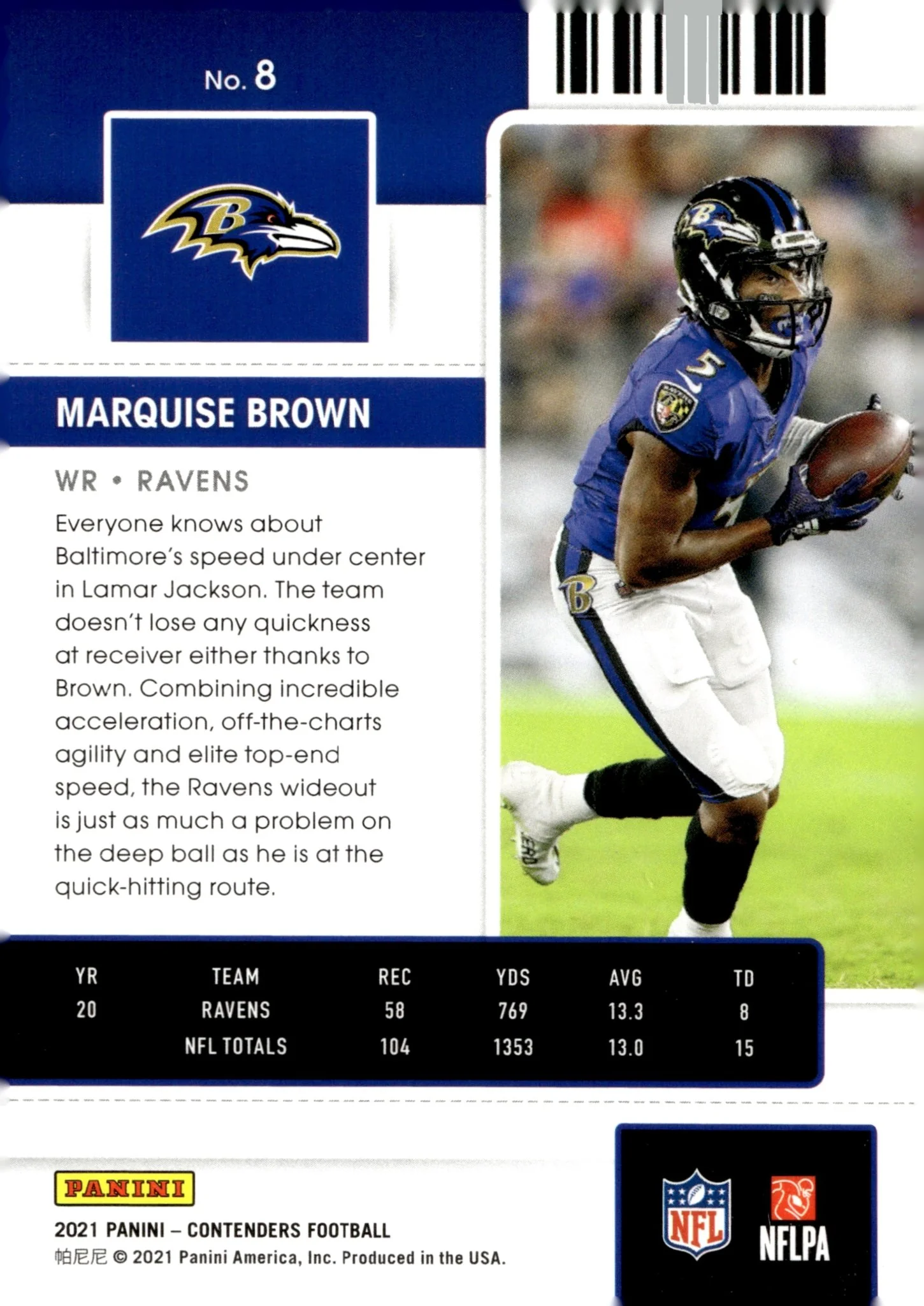 Marquise Brown 2021 Panini Contenders Season Ticket Purple 052/199 #8 - Image 2