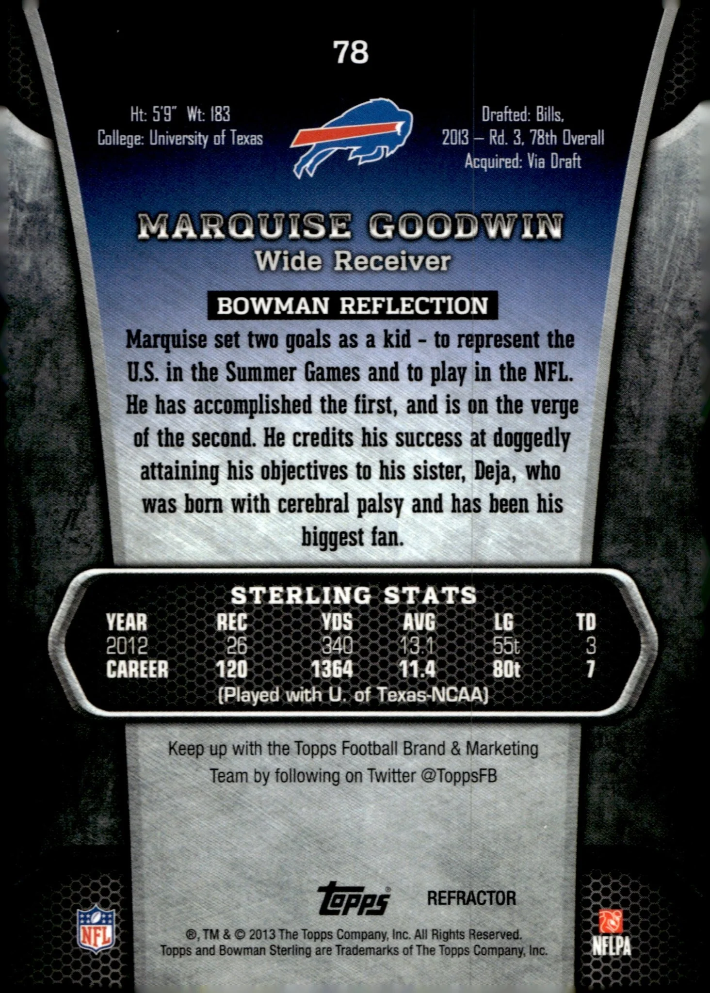 Marquise Goodwin 2013 Bowman Sterling Refractor RC 18/50 #78 - Image 2