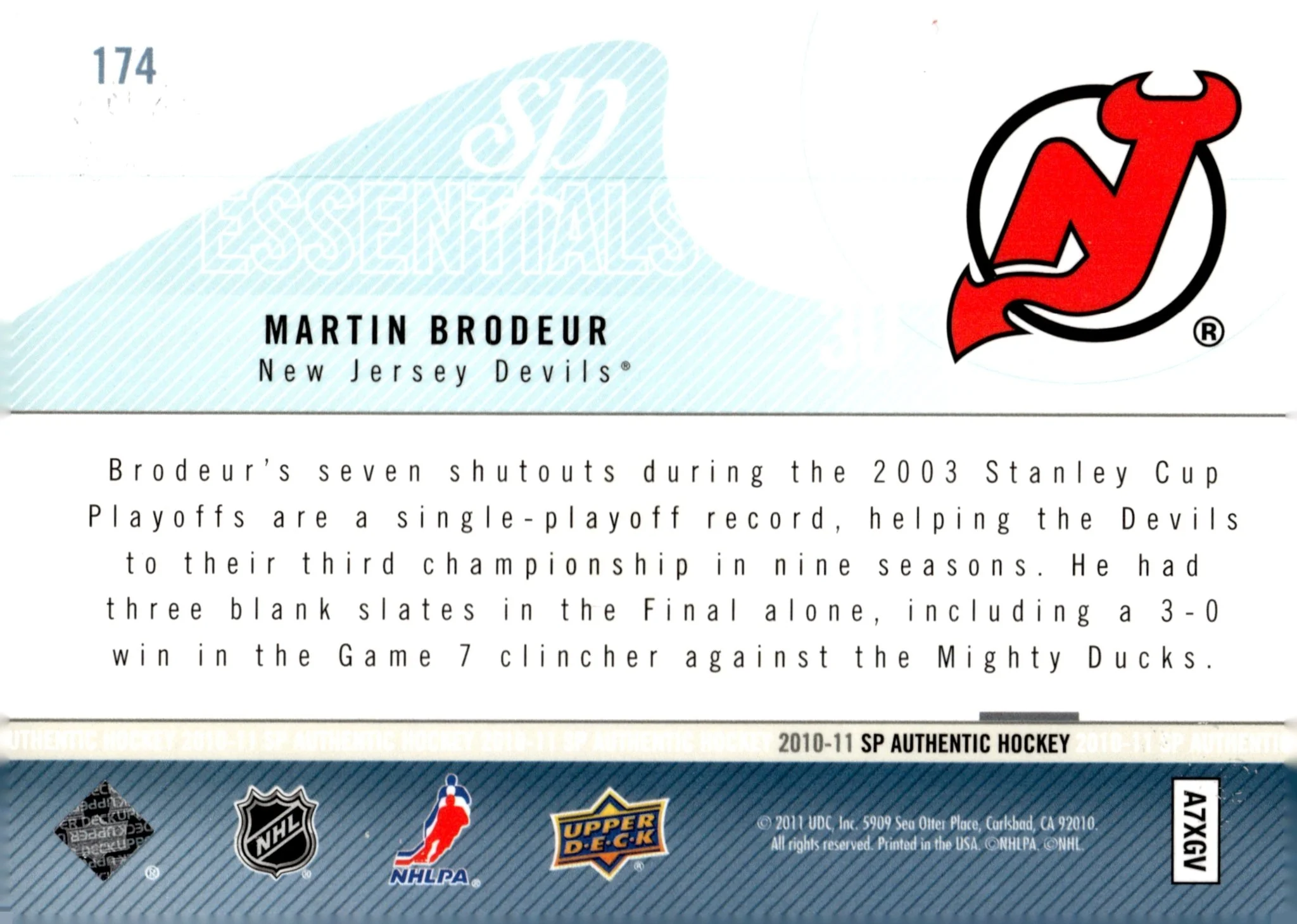 Martin Brodeur 2010-11 Upper Deck SP Authentic Essentials 0572/1999 #174 - Image 2