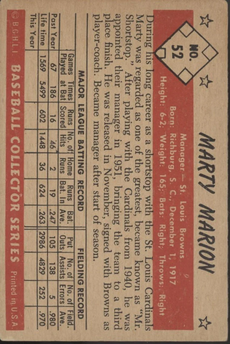 Marty Marion 1953 Bowman #52 St. Louis Browns VG-EX - Image 2