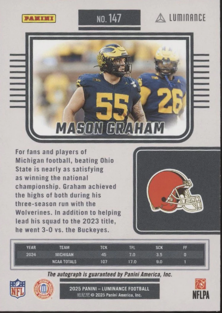 Mason Graham 2025 Panini Luminance RC Auto 012/700 #147 - Image 2