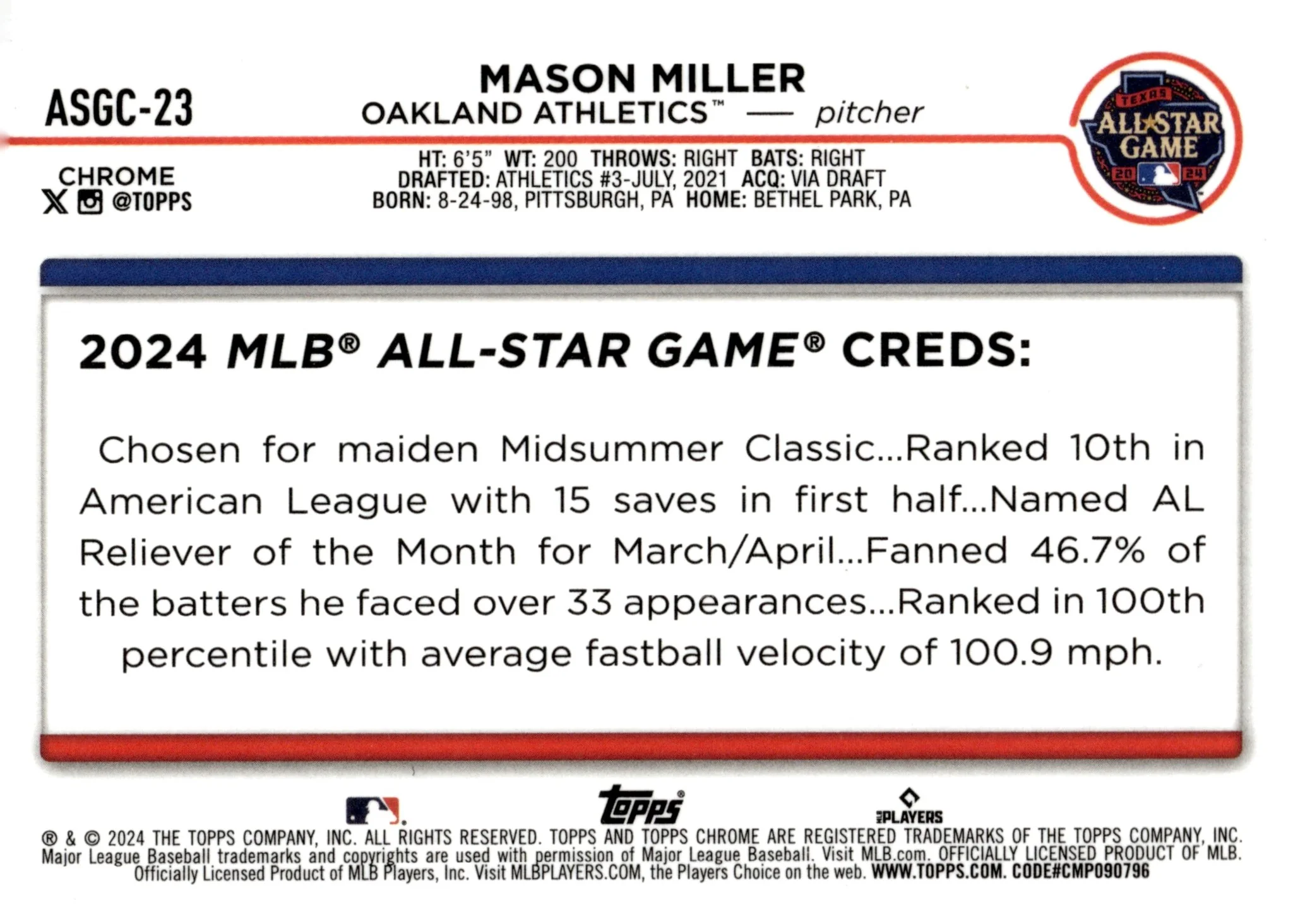 Mason Miller 2024 Topps Chrome All Star Game Refractor #ASGC-23 - Image 2