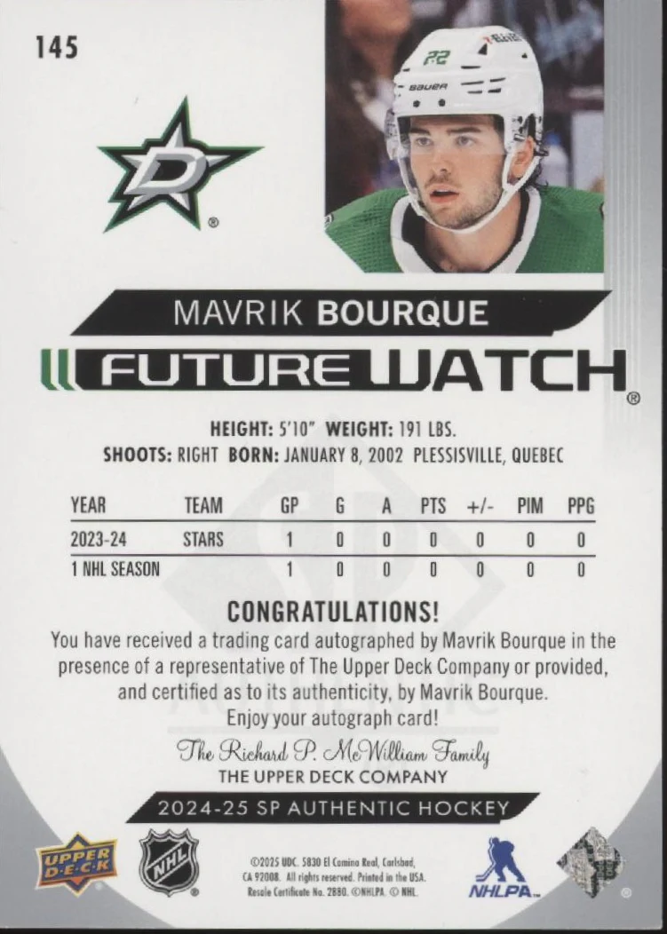 Mavrik Bourque 2024-25 Upper Deck SP Authentic Future Swatch Auto 393/999 #145 - Image 2